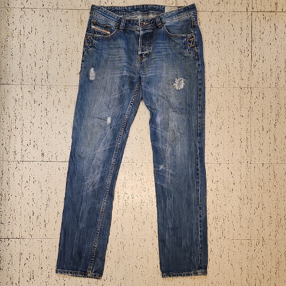 Diesel Blue Darron Distressed Embroidered Straight Tapered Fit Jeans Vintage Y2K